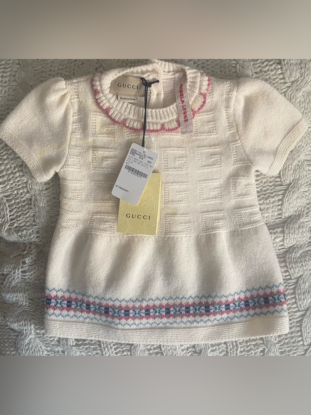 Gucci Baby Girl wool Knit Dress Cream with Pink & Blue Trim.6/9. Made In Italy.